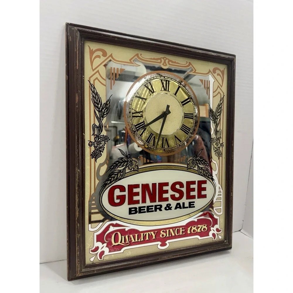 Vintage Genesee Beer And Ale Mirrored Wall Clock Gold Frame Bar/man cave Decor